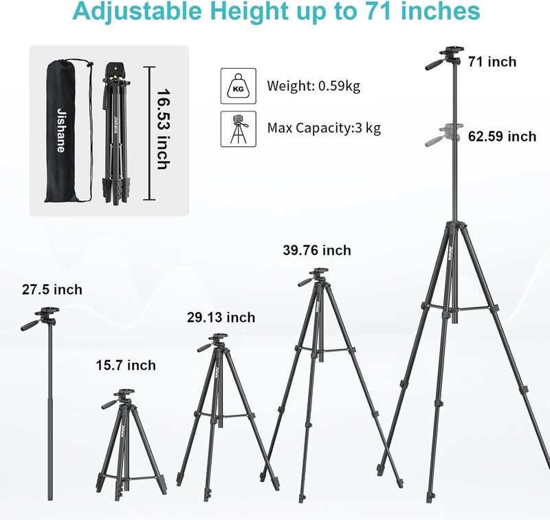 Jishane 71" Camera Tripod, Versatile Cell Phone Tripod with Wireless Remote Phone Holder and Carry Bag, Lightweight Portable Camera Tripod Stand Compatible with Smartphone Cameras, Max Load 6.6 lbs - Image 4